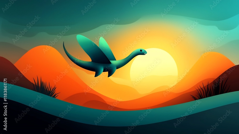 Naklejka premium Graceful cartoon dinosaur reptile soaring effortlessly through the vibrant sun dappled sky its iridescent scales glistening with an ethereal shimmer in a fantastical dreamy digital