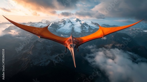 Majestic winged pterodactyl dinosaur reptile soaring gracefully over a rugged snow capped mountain landscape against a dramatic cloudy sky in natural light  This digital art depicts a prehistoric photo