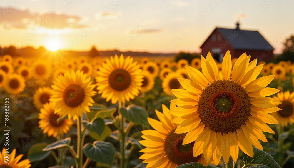 Obraz premium Sunflowers blooming at sunrise in rural field, beauty of harvest