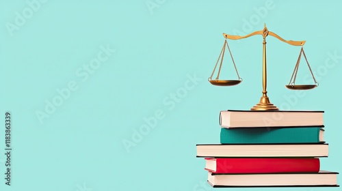 A balanced scale rests atop colorful books, symbolizing justice, law, and education against a calming turquoise background.