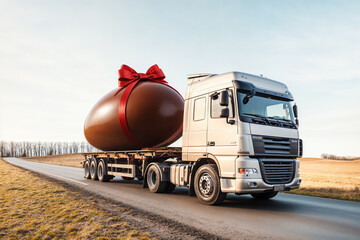 Truck transporting giant chocolate easter egg on country road