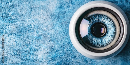 A close-up of a captivating blue eye with intricate details, surrounded by a light-colored iris and set against a textured blue background.