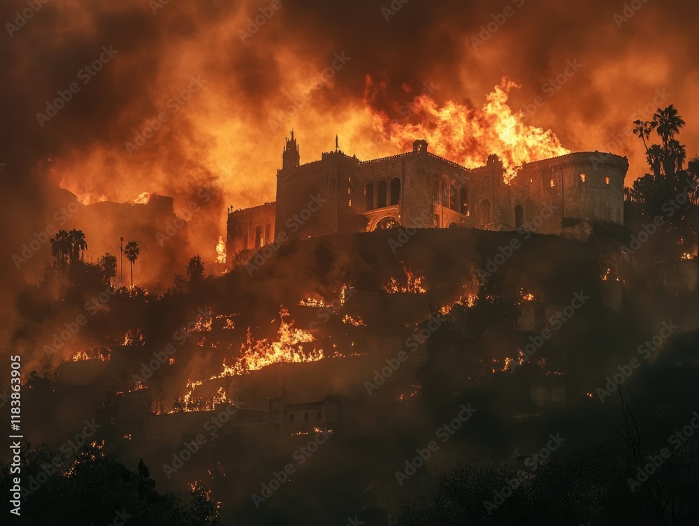 Fototapeta premium Hollywood hills on terrifying fire, fire in the Big City, natural disasters, burnt house