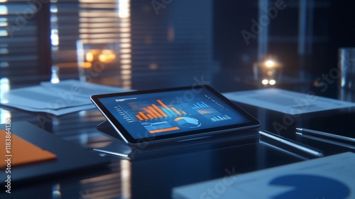 Wallpaper Mural Tablet displaying financial charts on a glass desk in a modern office at night. Torontodigital.ca
