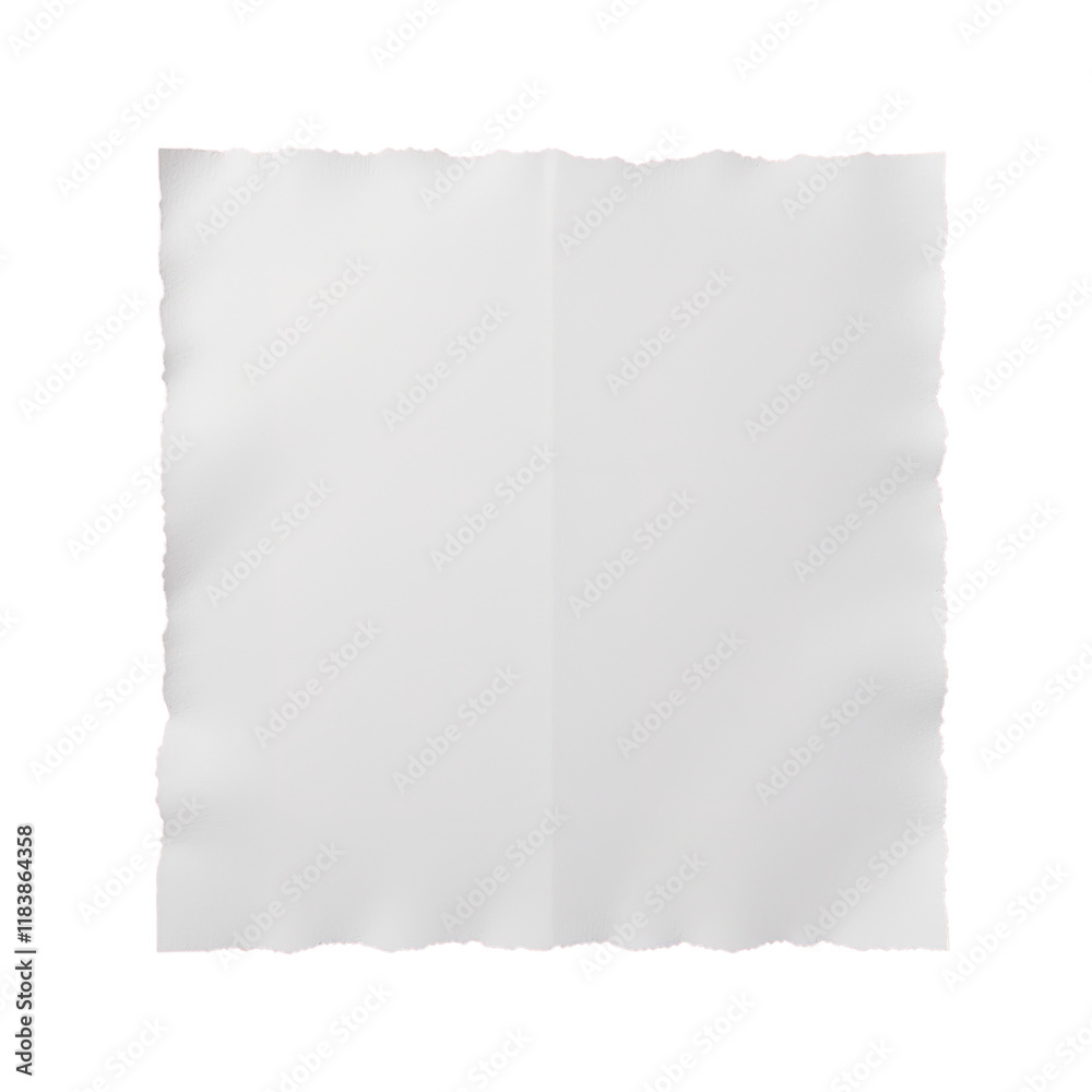 The image shows a square piece of white paper with a torn edge ,isolated on transparent background. The image shows a square piece of white paper with a torn edge ,isolated on transparent background.