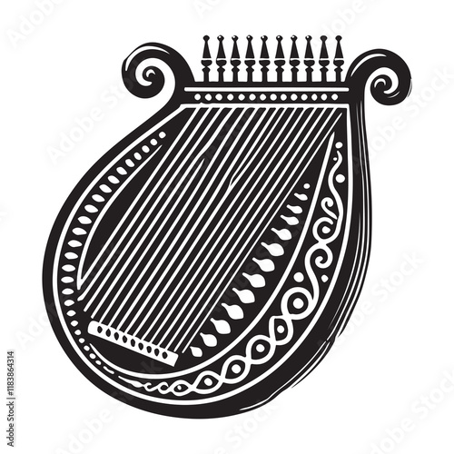Zither Silhouette Vector Illustration, Solid White Background.