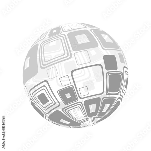 Retro Inspired Empty Transparent Round 3D Sphere with Gray Squares Pattern, Design Isolated on White Background – Three Dimensional Minimalist Black and White Geometric Vector Clip-Art Template