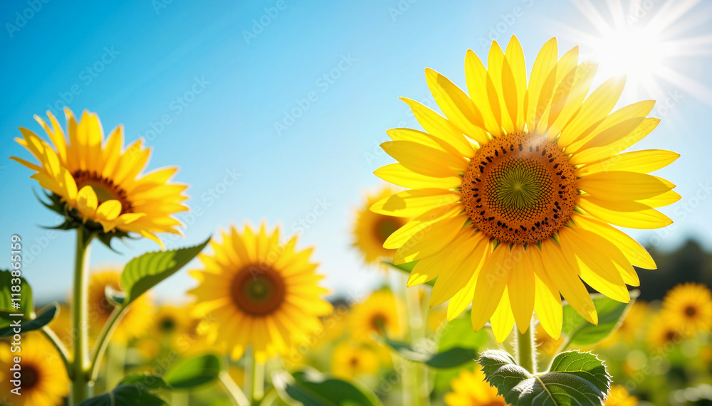 Obraz premium Vibrant sunflowers blooming under clear blue sky, summer joy