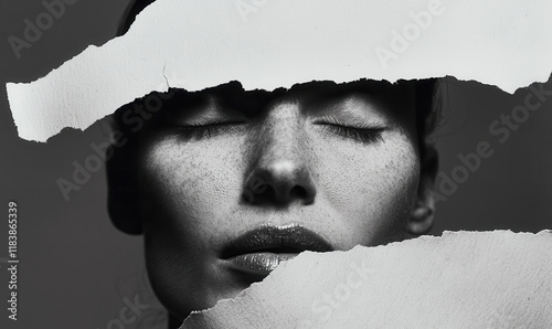 Monochrome Portrait with Torn Paper Overlay Featuring Closed Eyes and Freckles photo