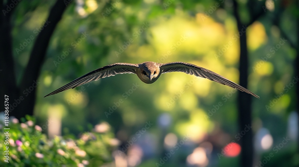 A small bird in flight, wings outstretched, approaching the camera. Green bokeh background. A small bird in flight, wings outstretched, approaching the camera. Green bokeh background.