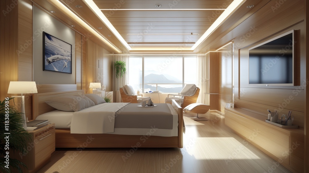 Cozy modern hospital room interior bed in row,VIP hospital room side view panoramic window on skyscrapers,design of relax and medical care space,copy space. Cozy modern hospital room interior bed in row,VIP hospital room side view panoramic window on skyscrapers,design of relax and medical care space,copy space.