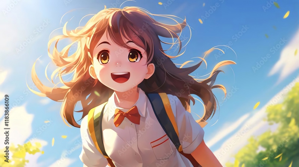 Joyful girl runs, sunny day, leaves fall, school. Joyful girl runs, sunny day, leaves fall, school.