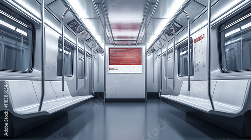 Sleek and empty subway carriage with a prominent banner mockup, offering a modern urban transit experience