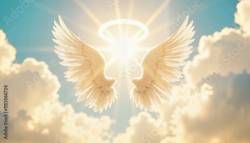 Wallpaper Mural Ethereal angel wings glowing in celestial sky, divine symbolism Torontodigital.ca