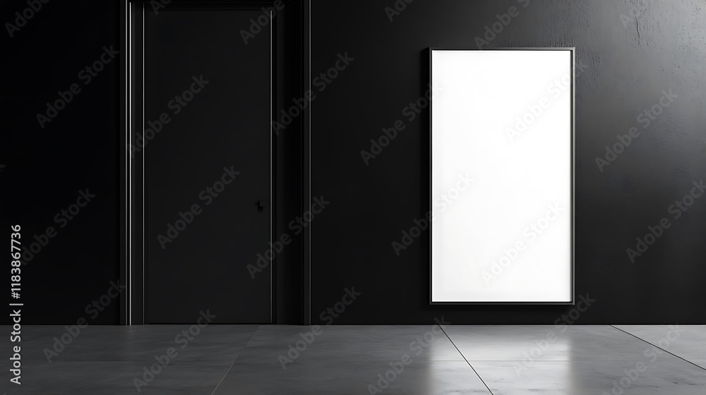 Sunlit office entrance with blank white poster on black wall, mockup Sunlit office entrance with blank white poster on black wall, mockup