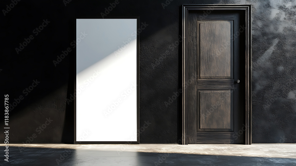 Sunlit office entrance with blank white poster on black wall, mockup Sunlit office entrance with blank white poster on black wall, mockup