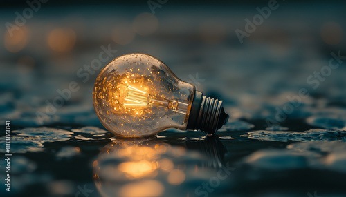 Creative Close-Up of a Light Bulb Illuminated on a Reflective Surface with Warm Ambient Lighting photo