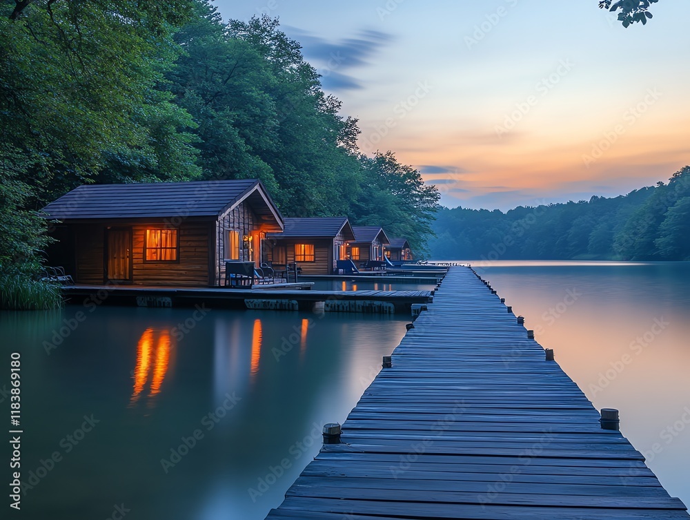 Serene Lakeside Cabins: Twilight's Peaceful Embrace Serene Lakeside Cabins: Twilight's Peaceful Embrace
