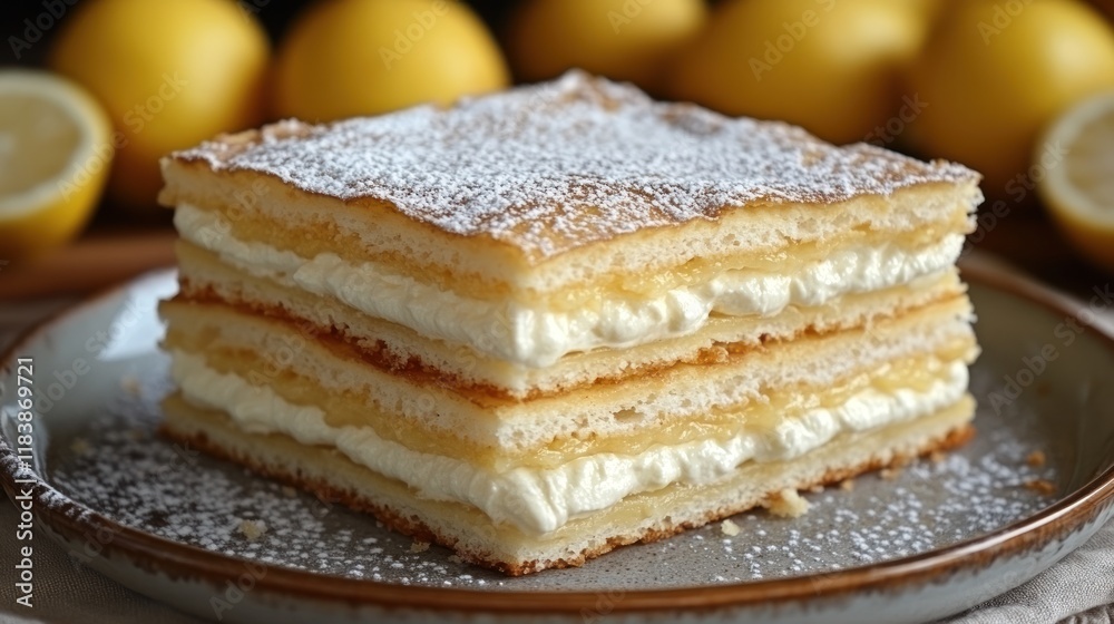 Layered lemon cake dessert, creamy filling, powdered sugar, lemons background, food photography Layered lemon cake dessert, creamy filling, powdered sugar, lemons background, food photography