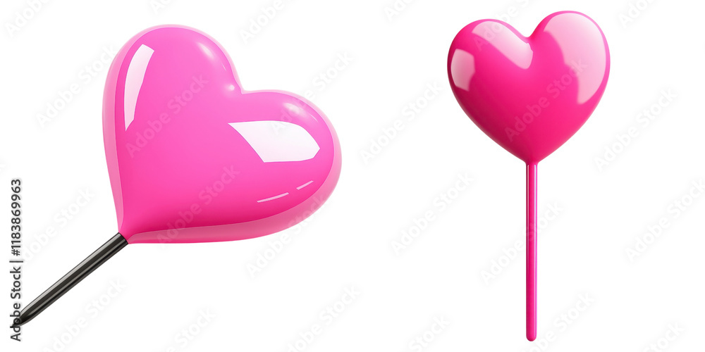 Two shiny pink heart-shaped objects, one on a stick and one without, symbolizing love and affection. Two shiny pink heart-shaped objects, one on a stick and one without, symbolizing love and affection.