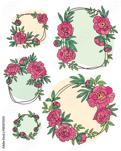 color vector set of hand drawn vintage wreath frames with red peony flowers and leaves