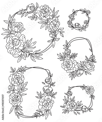 Wallpaper Mural linear vector set of hand drawn vintage wreath frames with peony flowers and leaves Torontodigital.ca
