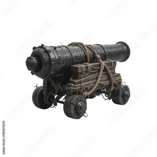 A detailed image of a dilapidated antique cannon bound with rope and sitting upon its wooden carriage, isolated on transparent background.