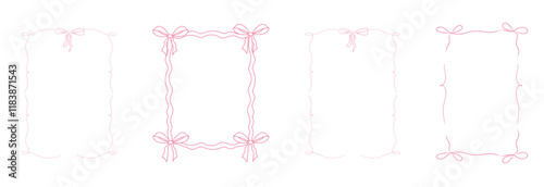 Romantic coquette ribbon frame, wedding ornate curly border collection. Hand drawn doodle sketch girly retro decorations.