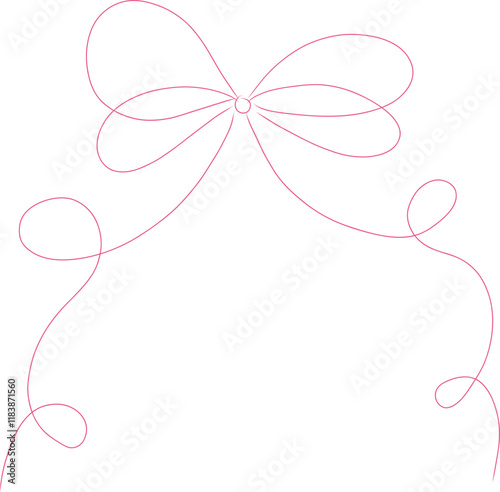 Girly bow coquette retro line hand drawn pink lace tie ribbon. Y2k feminine romantic wedding decoration. Whimsical pastel  knot.