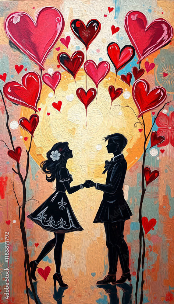 Fototapeta premium Valentine's Day card design. Illustration with oil paint. Pattern for printing on wall decorations, covers, wallpapers