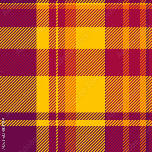 Vibrant autumnal plaid pattern in warm gold, burnt orange, and deep burgundy.  Ideal for textile design, fall-themed projects, and creating visually appealing backgrounds.