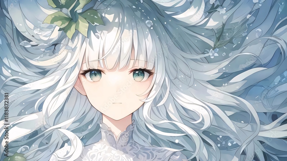 Serene girl, flowing hair, underwater scene, fantasy art, website banner. Serene girl, flowing hair, underwater scene, fantasy art, website banner.
