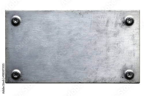 Distressed stainless steel plaque with a brush silver metal texture and screws, png file cut out and isolated on a transparent background, signage stock photo image