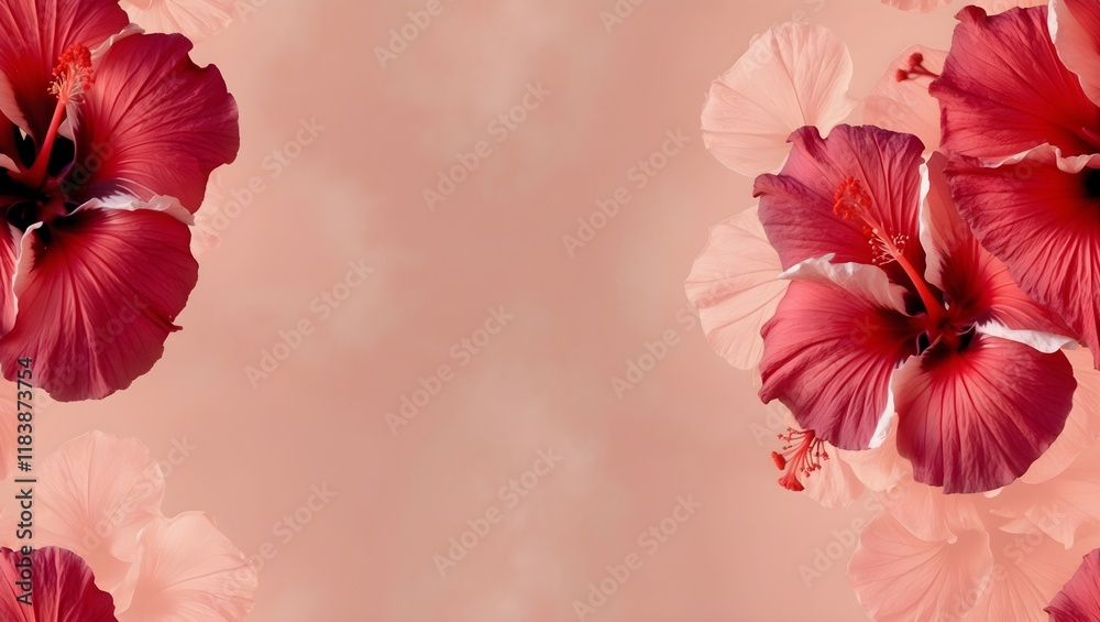 Obraz premium Red Hibiscus Floral Border on Soft Background: A decorative background featuring a border of red hibiscus flowers with varying sizes and orientations against a soft, muted background