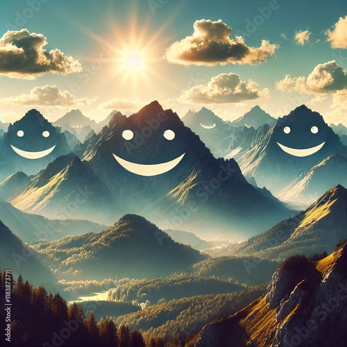 A mountain range with peaks shaped like laughing faces with a su photo