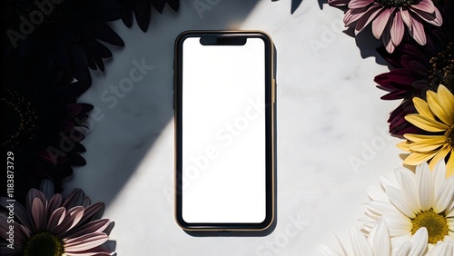 Mockup of a smartphone with a blank white screen surrounded by colorful daisies on a marble surface, creating a spring-themed composition with copy space.