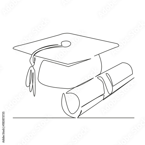 Fotografie One continuous single drawing line art flat doodle doctor diploma, graduation, success, u achievement, mortarboard, ceremony, hat, learning