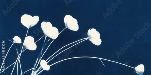 Cyanotype art of delicate white flowers on dark blue background