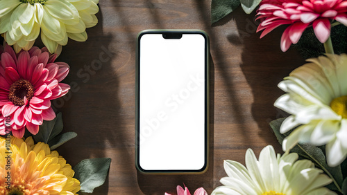 Smartphone mockup on a wooden surface surrounded by vibrant pink, yellow, and white flowers, offering a rustic spring theme with copy space for showcasing creative designs.