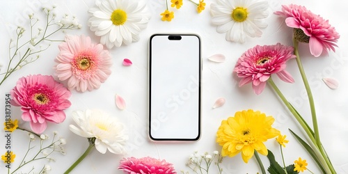 Smartphone mockup with a blank white screen surrounded by colorful daisies and gypsophila flowers on a white background, perfect for spring, Mother’s Day, or wedding-themed designs.
