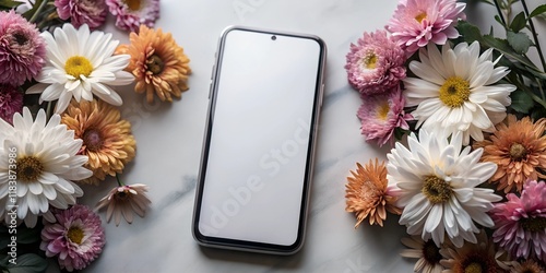 Smartphone mockup on a marble surface surrounded by warm-toned flowers, offering a cozy and romantic design perfect for spring, holiday, or wedding-themed projects with ample copy space.