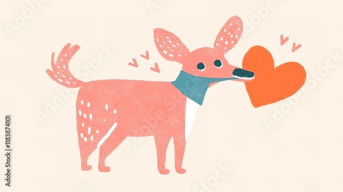 A playful, cartoon-style dog with a colorful collar holds a heart, expressing affection and joy in a whimsical design.