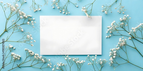 Blank white paper mockup with gypsophila flowers arranged symmetrically on a pastel blue background. Perfect for elegant wedding or event invitations.