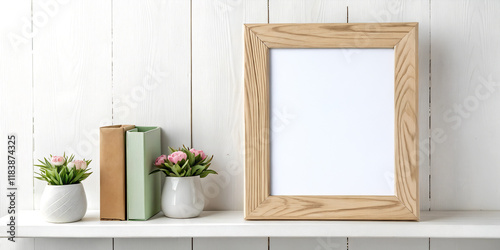 Wooden photo frame mockup with a blank white space, surrounded by pastel-colored books and pink tulips in white vases on a bright, minimalist background.