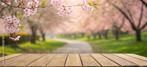 Wooden table with a path leading through a park of blooming cherry blossoms. Perfect for springtime themes, travel concepts, or romantic designs.