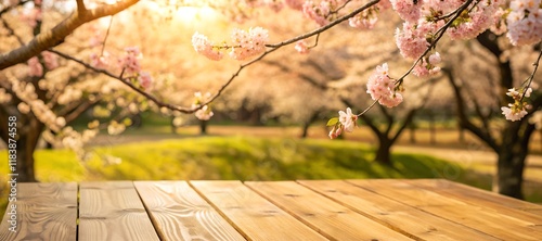 Scenic wooden table under blooming cherry blossoms in a sunny park. Ideal for backgrounds, nature themes, or seasonal designs featuring springtime vibes.