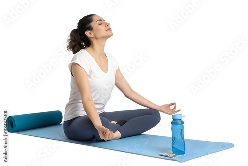 yoga woman with matt and bottle isolated
