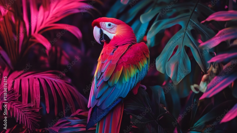Obraz premium A radiant parrot perches gracefully among lush, colorful foliage, showcasing its dazzling feathers under the warm light of the rainforest, creating a magical atmosphere