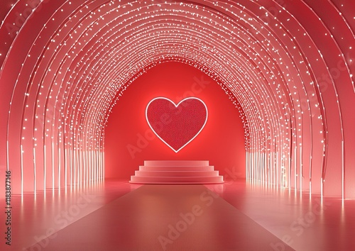 Tunnel formato da un arco di luci scintillanti con sullo sfondo un piedistallo rosa con sopra un cuore rosso.  photo