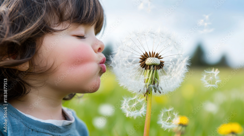child blowing seeds from dandelion in sunny field, joyful moment child blowing seeds from dandelion in sunny field, joyful moment